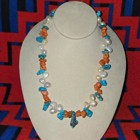 Natural Pearl Necklace with Turquoise and Coral - Picture 1 of 4